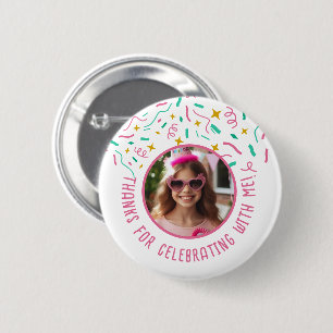 Anpassningsbar Photo Namn Confetti Birthday Tack Knapp