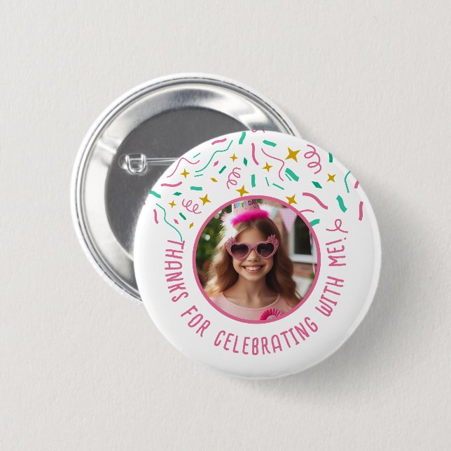 Anpassningsbar Photo Namn Confetti Birthday Tack Knapp (Framsida & baksida)