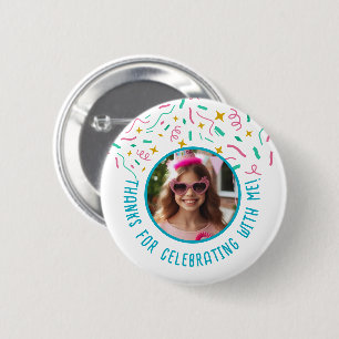 Anpassningsbar Photo Namn Confetti Birthday Tack Knapp