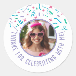 Anpassningsbar Photo Namn Confetti Birthday Tack Runt Klistermärke