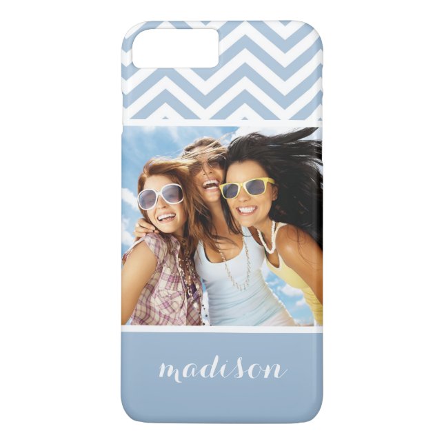 Anpassningsbar Photo & Namn Light Blue Chevron Case-Mate iPhone Skal (Baksida)