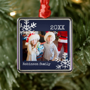 Anpassningsbar Photo Navy Blue Ornament med Snöfl