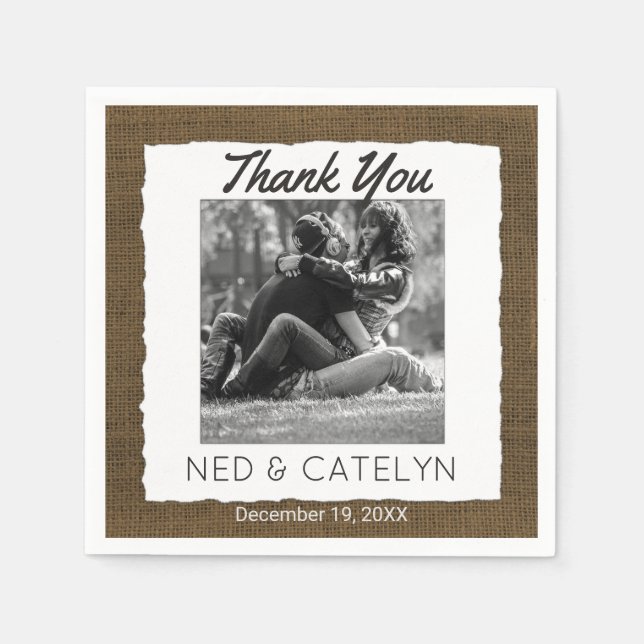 Anpassningsbar Photo och Monogram | Rustic Burlap  Pappersservett (Framsidan)