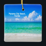 Anpassningsbar Photo Panama City Beach Umbrellas Julgransprydnad Keramik<br><div class="desc">Om du har rest till Panama City, Florida i år, kommer du att vilja minnas resa med den här unika julfärgsfärgen souvenir-prydnaden med en levande fotografisk bild av sköldpaddan blått vatten, vit sandstrand, rustik biobak typografi. Enkel att anpassa med ditt resdatum på framsidan och ditt eget foto på baksidan. Foto...</div>