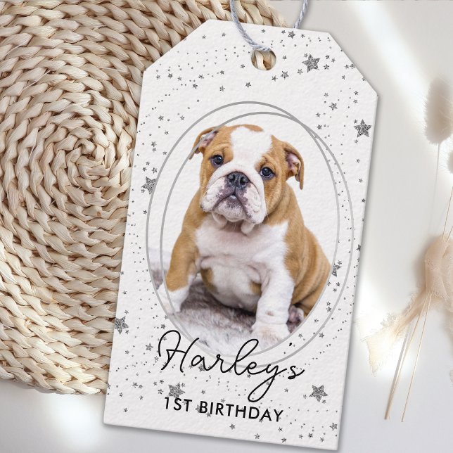 Anpassningsbar Photo Pet Hund Birthday Silver Glit Presentetikett (Skapare uppladdad)