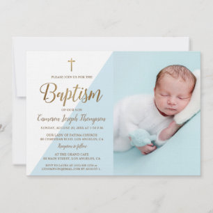 Anpassningsbar Photo Pojke Baptism Guld Kor blå Inbjudningar