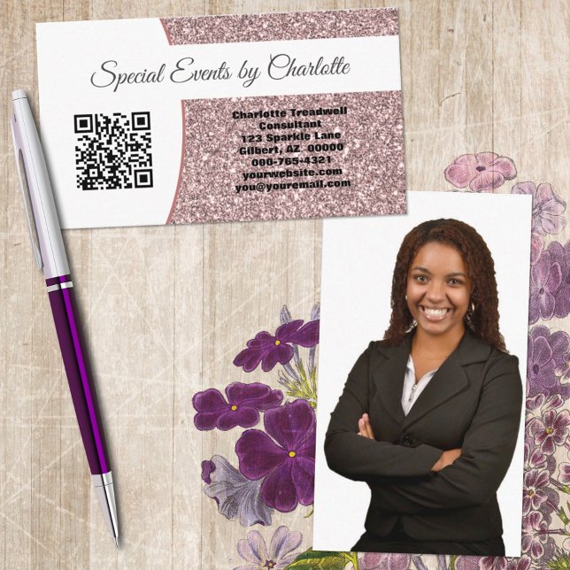 Anpassningsbar Photo Professionell Rosa Glitter QR Visitkort (Share your professional photo and business details all on one unique business card design.)