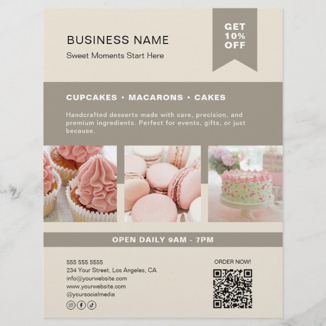 Anpassningsbar Photo QR Bakery Beige Flyer (Framsidan)