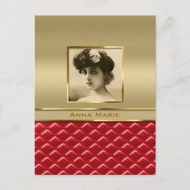 Anpassningsbar Photo Ram Faux Guld Quilted Red Lea Vykort (Framsida)