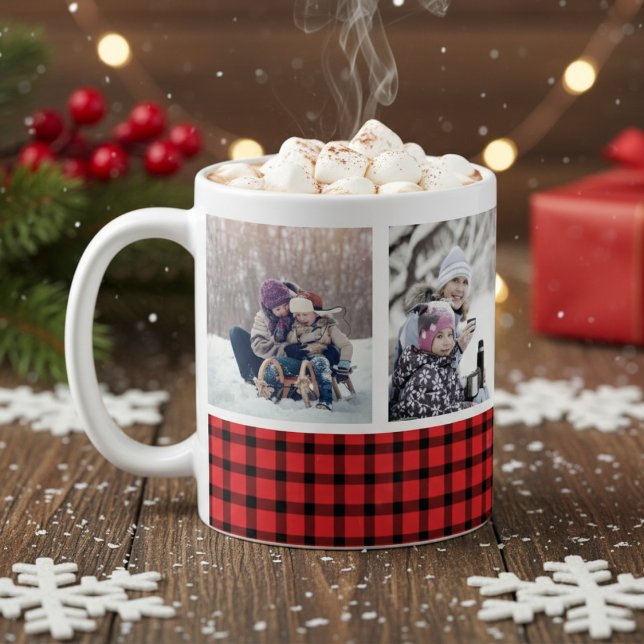 Anpassningsbar Photo Red and Black Buffalo Play He Kaffemugg (Custom Photo Red and Black Buffalo Plaid Holiday Coffee Mug - Just add your own photos!)