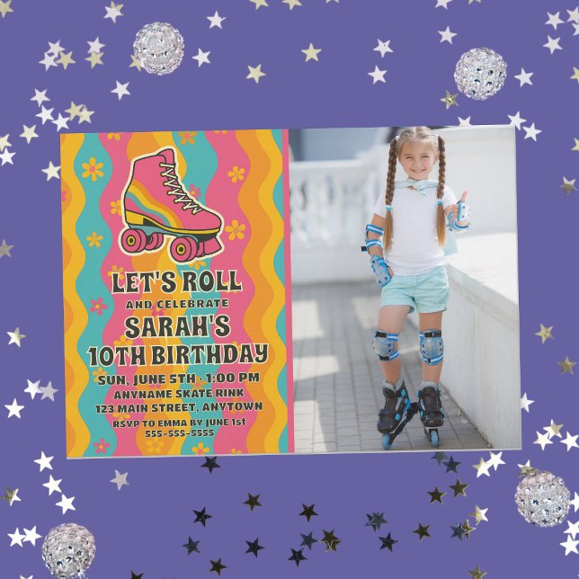 Anpassningsbar Photo Roller Skating Girl Födelseda Inbjudningar (Retro Roller Skating Girls Birthday Party Welcome Banner
)