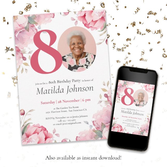 Anpassningsbar Photo Rosa Blommigt 80:e födelsedag Inbjudningar (80th Birthday Pink Floral Botanical Custom Photo Invitation)