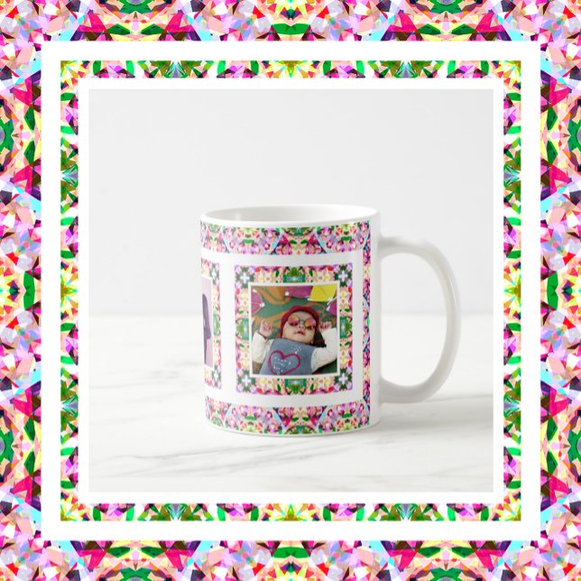 Anpassningsbar Photo Rosa Grönt Mor's Day Morsa Ke Kaffemugg (Vibrant Pink and Happy Green Three Custom Photo Mother’s Day Keepsake Tea and Coffee Mug )
