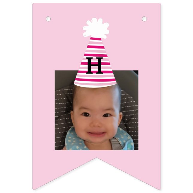 Anpassningsbar Photo Rosa Party Hat Girls Birthday Vimplar (Andra flaggan)