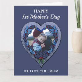 Anpassningsbar Photo Rustic Heart Blue 1:a Mor's D Kort