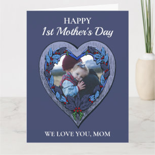 Anpassningsbar Photo Rustic Heart Blue 1:a Mor's D Kort