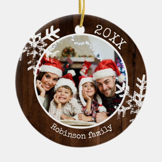 Anpassningsbar Photo Rustic Wood Snowflake Julgransprydnad Keramik (Framsidan)