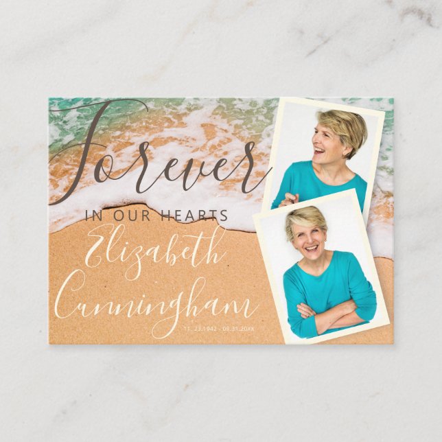 Anpassningsbar Photo Sandy Ocean Beach Funeral Mem Visitkort (Framsida)