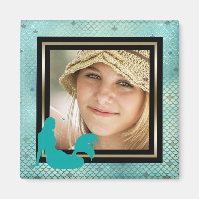 Anpassningsbar Photo Sjöjungfru Nautical Teal Guld Magnet (Framsidan)