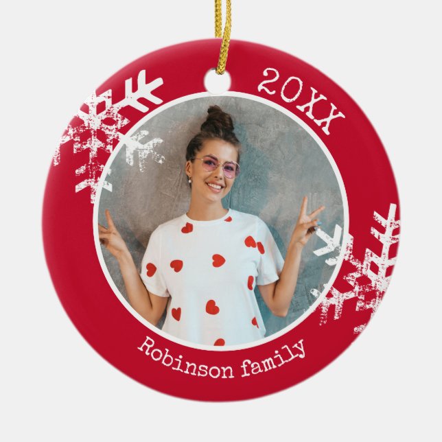 Anpassningsbar Photo Snowflake Red Circle Ornament (Framsidan)