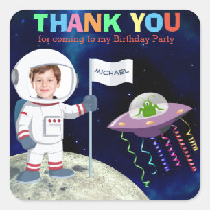 Anpassningsbar Photo Spaceman Birthday Tack Fyrkantigt Klistermärke