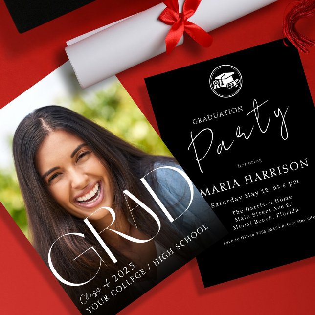 Anpassningsbar Photo Studenten White on Black Inve Inbjudningar (Skapare uppladdad)