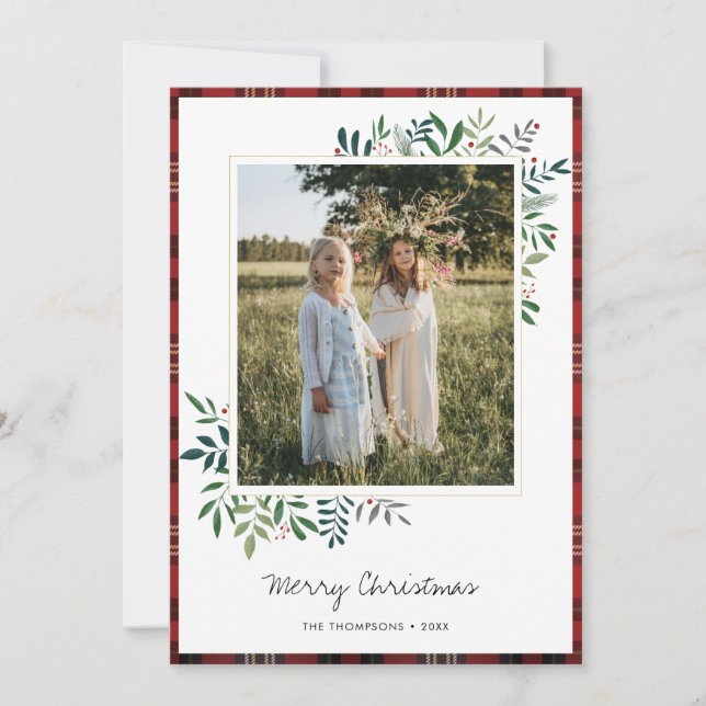Anpassningsbar Photo Tartan Gräns Grönt Löv jul Julkort (Framsida)
