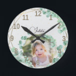 Anpassningsbar Photo   Text | Geometric Greenery E Rund Klocka<br><div class="desc">Anpassningsbar Photo and Calligraphy Text Elegant Geometric Greenery ram Round Clock</div>