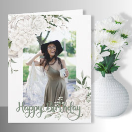 Anpassningsbar Photo White Blommigt Birthday Hälsn Kort