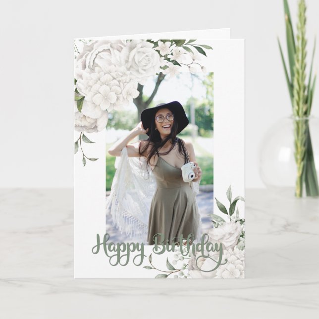 Anpassningsbar Photo White Blommigt Birthday Hälsn Kort (Framsida)