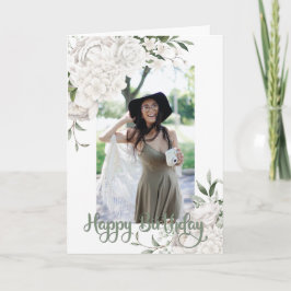 Anpassningsbar Photo White Blommigt Birthday Hälsn Kort
