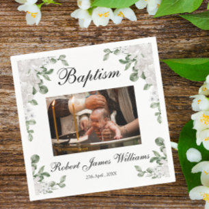 Anpassningsbar Photo White Flowers Christening Bap Pappersservett