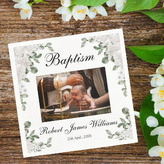 Anpassningsbar Photo White Flowers Christening Bap Pappersservett