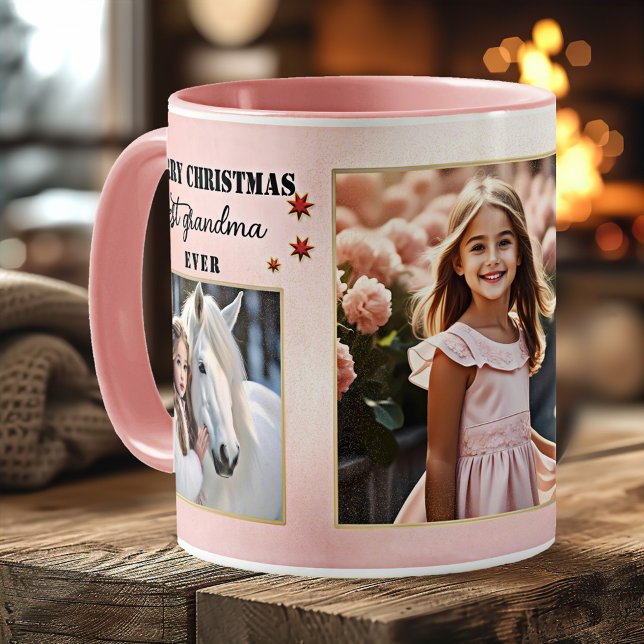 Anpassningsbar Photos Best Grandma Aldrig Rosa jul Kaffemugg (Christmas mug featuring custom photos on pink with festive red and gold stars - gift for grandma)