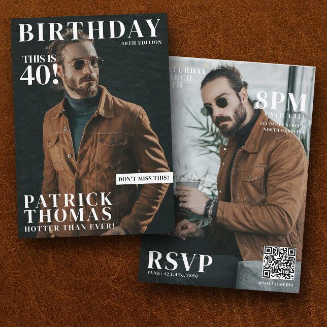 Anpassningsbar Photos Birthday Magazine Cover Male Inbjudningar (Custom Birthday Party Magazine Cover Male 40th Invitation)