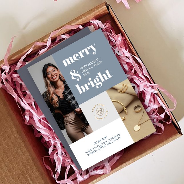 anpassningsbar Photos Merry Bright Small Business  Julkort (custom Photos Merry Bright Small Business Logo Holiday Card)