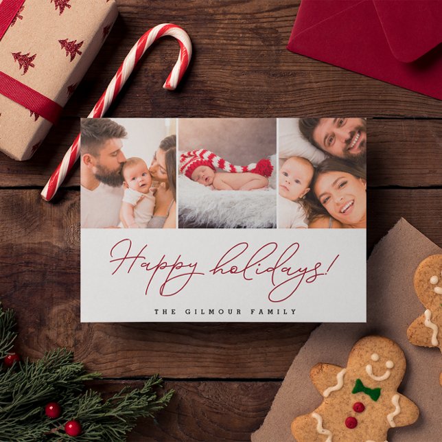Anpassningsbar Photos Red Glad helg Vykort (Happy Holidays Family photo Christmas postcard)