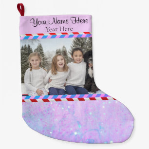 Anpassningsbar Pic/Text Pastel Lila Rosa Glitter R Stor Julstrumpa