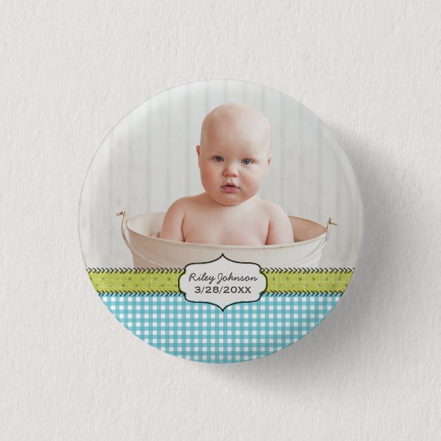 Anpassningsbar pojke fotot namn och födelsedagskal knapp (Framsida)