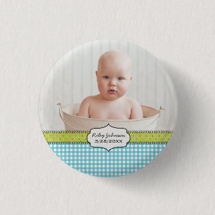 Anpassningsbar pojke fotot namn och födelsedagskal knapp