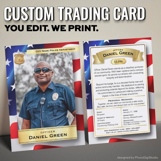 Anpassningsbar polischef Varningskort Förenta stat (Custom Police Officer Trading Cards with USA Flag and Gold Elements)