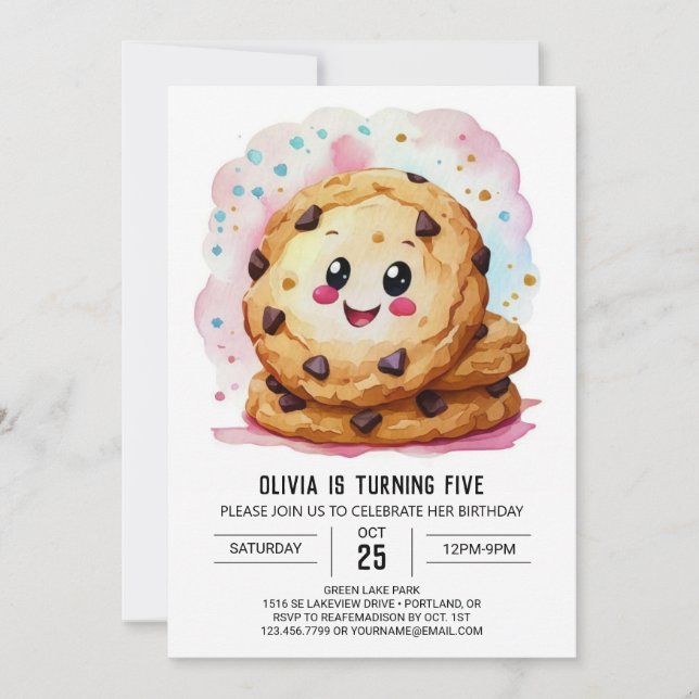 Anpassningsbar Printable Rosa Cookies Birthday Inbjudningar (Framsida)
