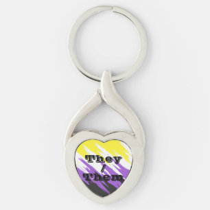 Anpassningsbar Pronomen Sicksack Icke-binär Pride- Twisted Heart Silverfärgad Nyckelring