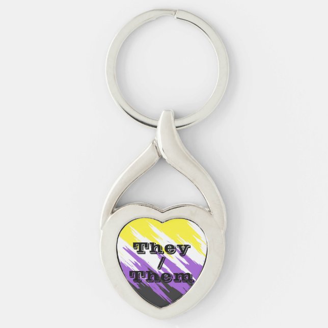Anpassningsbar Pronomen Sicksack Icke-binär Pride- Twisted Heart Silverfärgad Nyckelring (Framsidan)