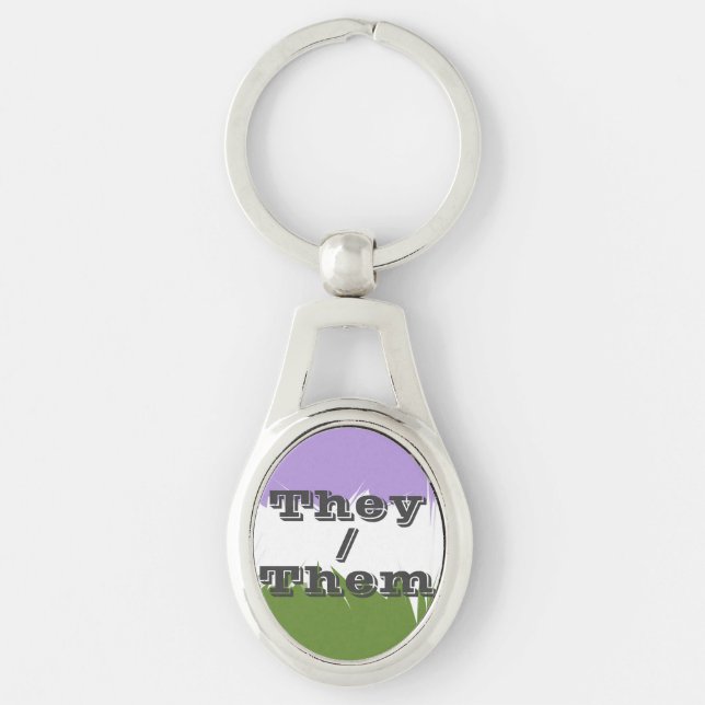 Anpassningsbar Pronomen Spiky Genderqueer Pride Fl Ovalt Silverfärgad Nyckelring (Framsidan)