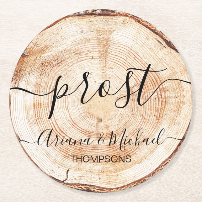 Anpassningsbar Prost German Bröllop Wood Grain Underlägg Papper Rund (Framsidan)