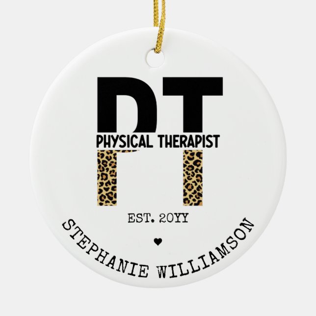 Anpassningsbar PT Physical Therapist Cheetah Print Julgransprydnad Keramik (Framsidan)