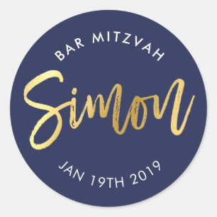 ANPASSNINGSBAR Pub Mitzvah för Simon navy + guld Runt Klistermärke