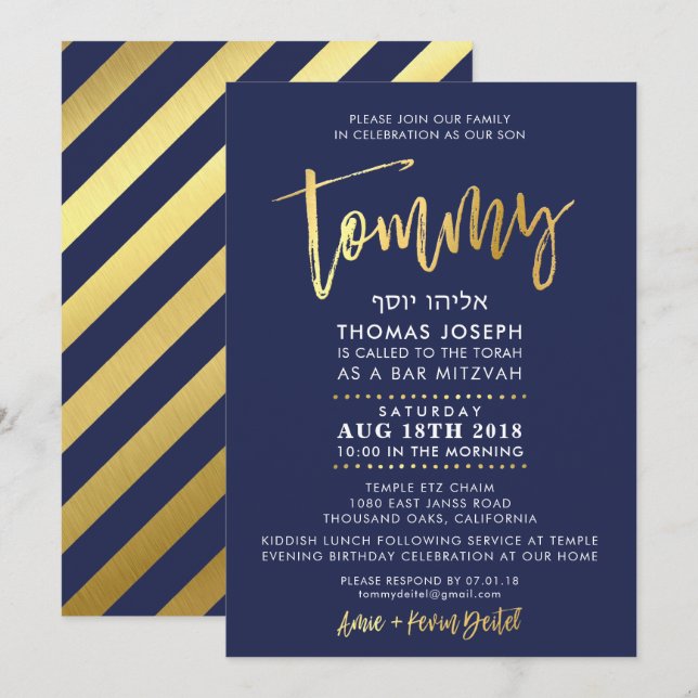 ANPASSNINGSBAR Pub Mitzvah Inbjudan för Tommy Navy (Fram/baksida)