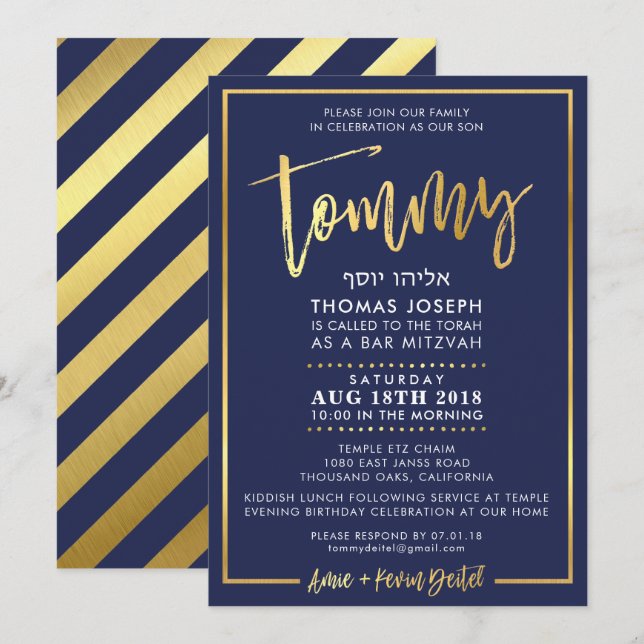 ANPASSNINGSBAR Pub Mitzvah Inbjudan för Tommy Navy (Fram/baksida)